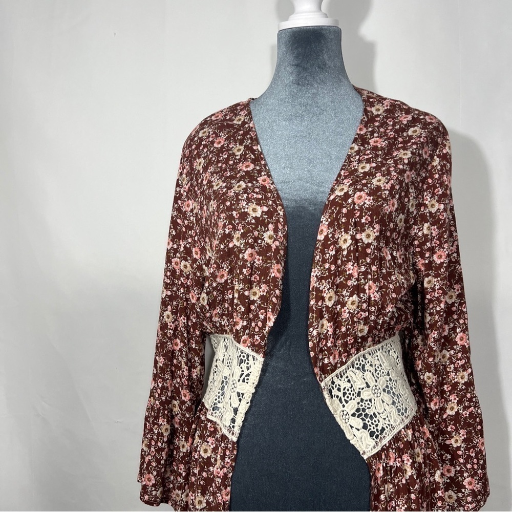 Vintage Jody California Cover Up Flower Print Flare Sleeve Womens Brown Sz L/XL - Picture 2 of 13